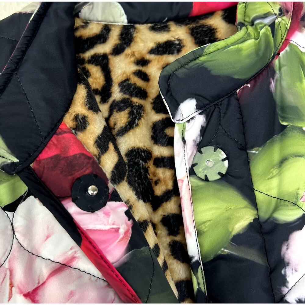 Johnny Was Vivi Puffer Jacket Reversible Floral Rose Print Leopard Faux Fur L - Picture 4 of 10